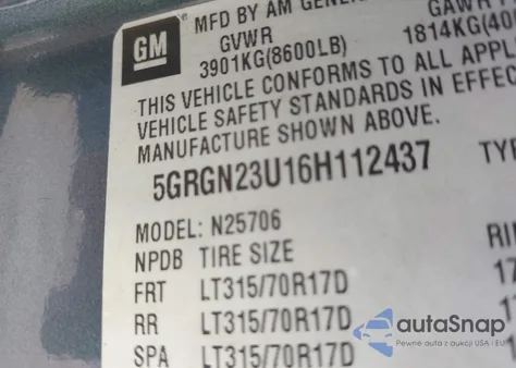 2006 Hummer H2 Suv z USA, uszkodzony, nr VIN 5GRGN23U16H112437